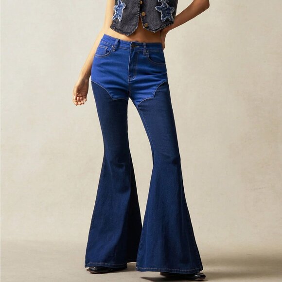 Dark Wash Casual Women's Boho Denim Color Block Skinny Flare Pants - Picture 1 of 6